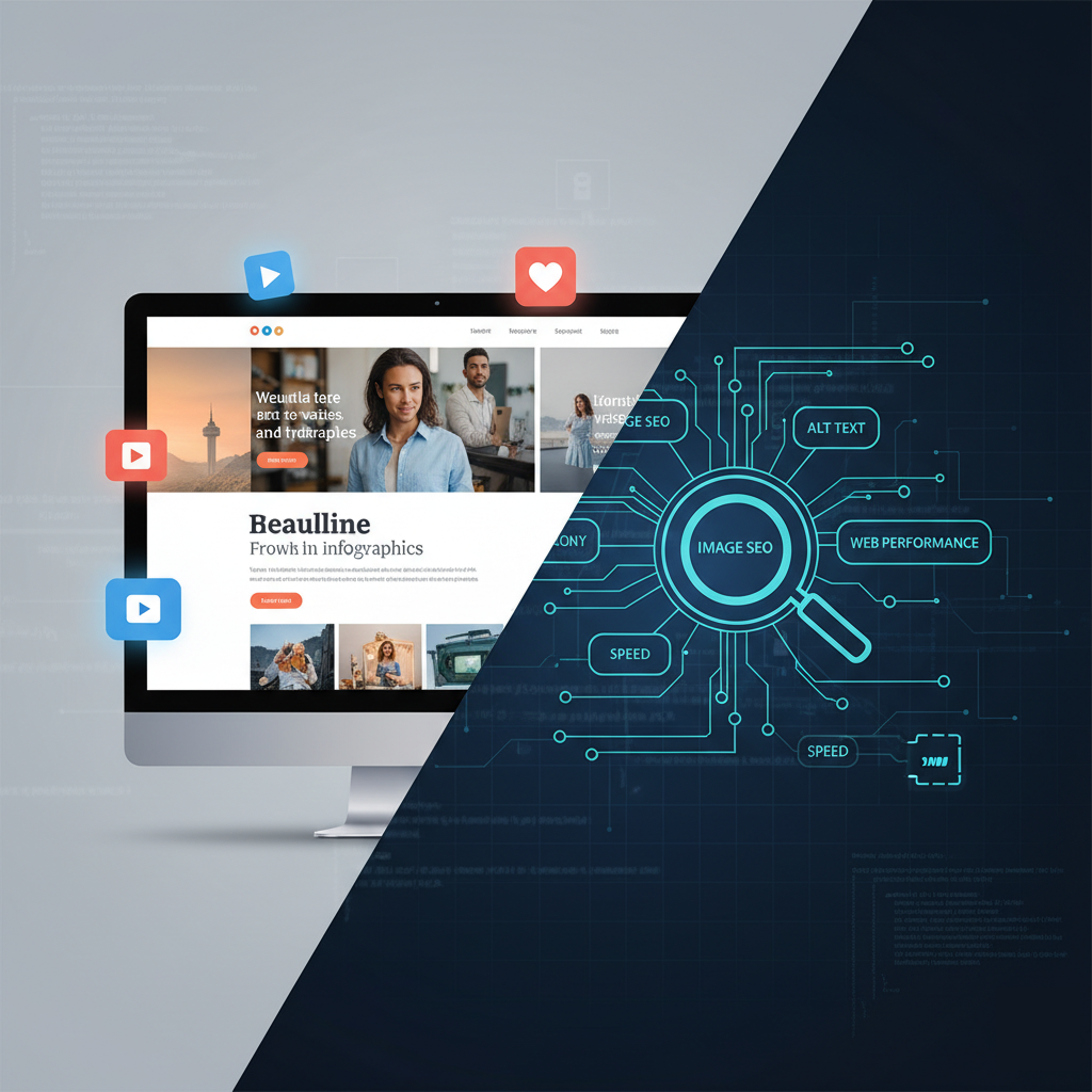 A web design showing the power of visuals and image SEO optimization with keywords like alt text and web performance.