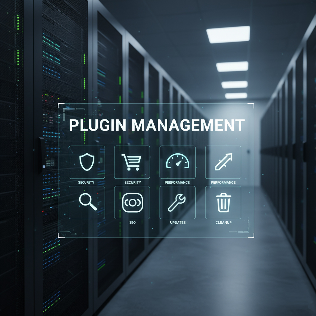 A server room with a digital overlay showcasing "PLUGIN MANAGEMENT" and icons for security, e-commerce, performance, updates, SEO, and cleanup, symbolizing efficient WordPress plugin management.