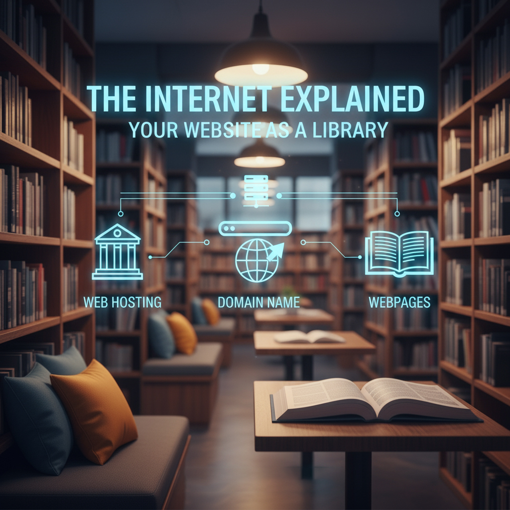website-Maintenance Diagram explaining the **Internet** and its components using a library: Web Hosting as a building, Domain Name as an address, and Webpages as books.