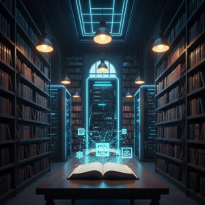 A futuristic library interior with bookshelves integrated with glowing server racks, symbolizing **Internet** web hosting.
